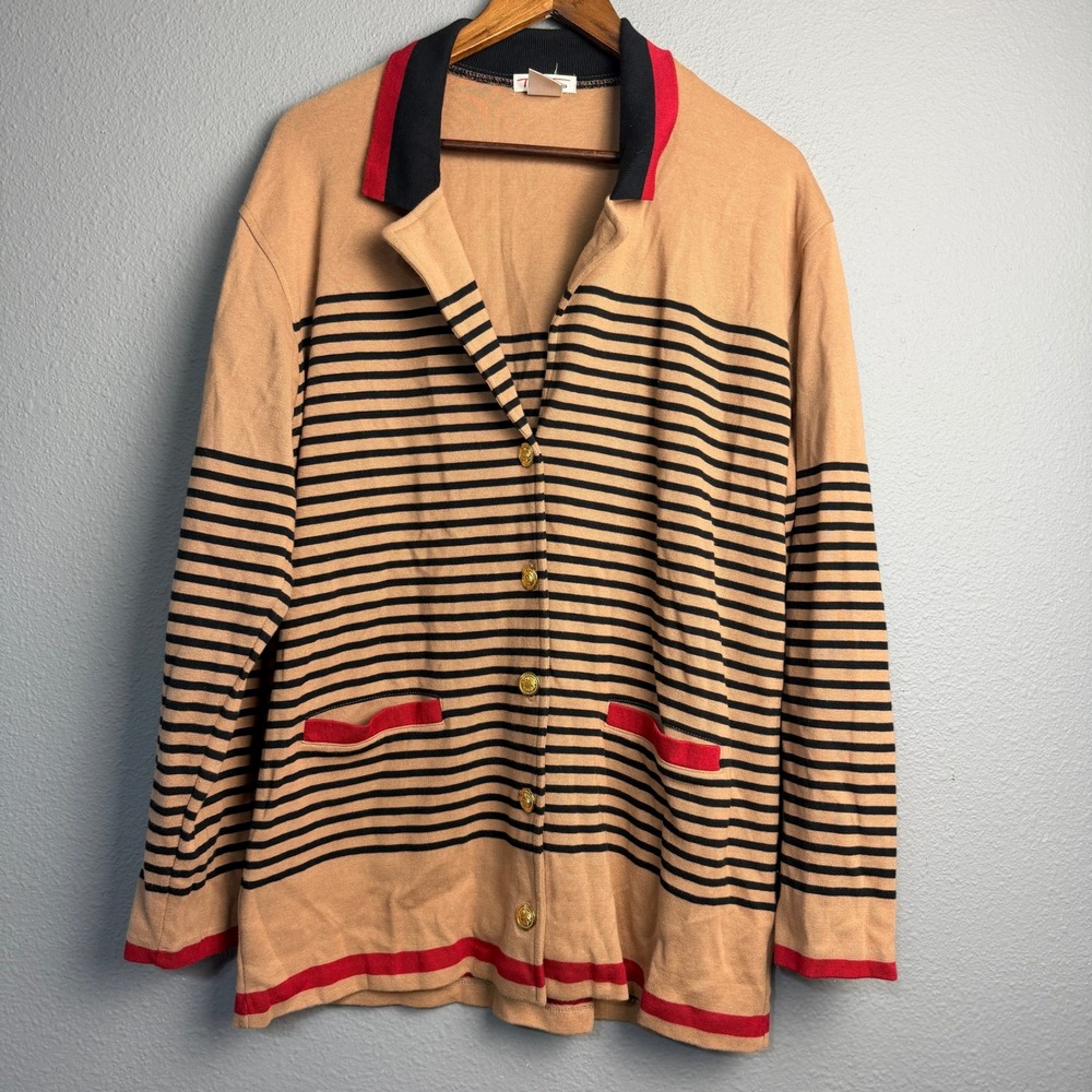 Talbots Beige Black Stripe Collar Button Front Academia Cardigan Sweater Size Lg